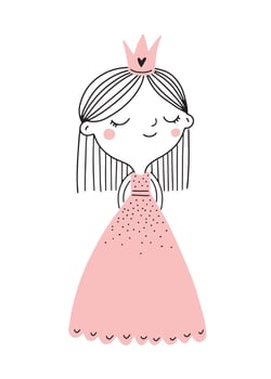 Cute princess in a pink dress with a crown. Illustration in scandinavian style. Vector hand drawn illustration for prints, posters, cards, apparel, birthday party.