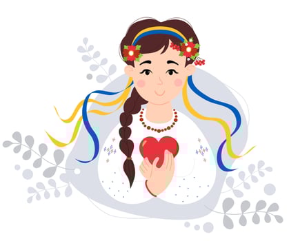 Cute Ukrainian girl with long braid, in traditional embroidered clothes and flower wreath with yellow and blue ribbons. Color of Ukrainian flag. In hands of red heart. Vector illustration