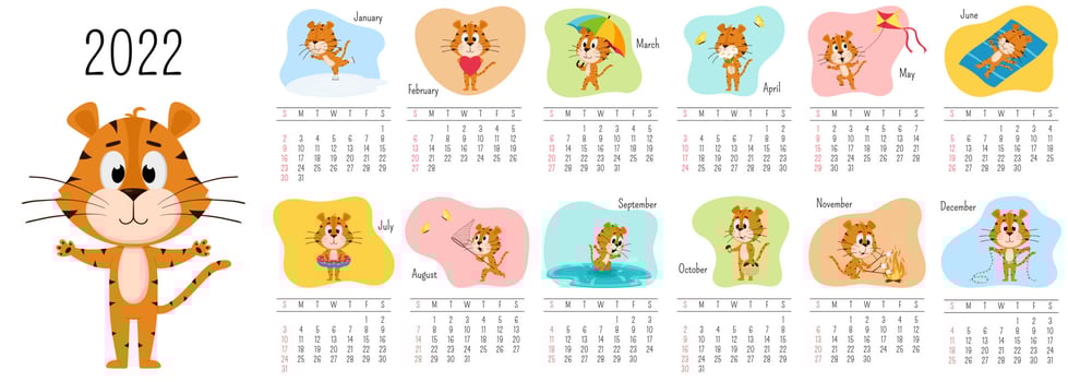 Vertical Wall Calendar Template 2022. Week starts on Sunday. Ready-to-print calendar with Chinese year symbol cartoon Tiger. A set of 12 pages and a cover. All months.Multi-colored background vector