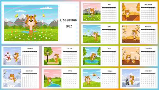 Horizontal Desktop Calendar Template2022. Week starts on Sunday. Ready-to-print calendar with Chinese year symbol cartoon Tiger. A set of 12 pages and a cover. All months.landscape background vector
