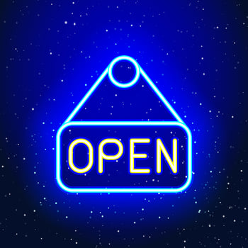 Open text signage icon design with neon blue hanger. Open shop and signage. Rope hanging signboard sign. Unique and realistic neon icon. Linear icon on blue background. vector