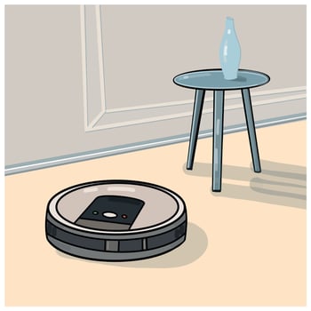 robot vacuum cleaner. Vector cartoon flat illustration. Cozy room with table and vase
