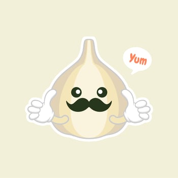 cute and kawaa garlic cartoon character flat design vector illustration. can use restaurant menu, cooking books and organic farm label. Healthy food. Tasty vegan. Organic product. Culinary ingredient.