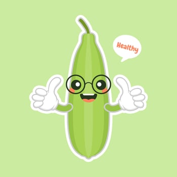 Cute and kawaii Luffa cartoon character. Loofah Luffa acutangula, or sponge gourd, vegan plant. Hand drawn botanical vector illustration. Loffa vegetarian plant. Vegetable vector illustration