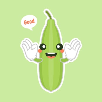Cute and kawaii Luffa cartoon character. Loofah Luffa acutangula, or sponge gourd, vegan plant. Hand drawn botanical vector illustration. Loffa vegetarian plant. Vegetable vector illustration