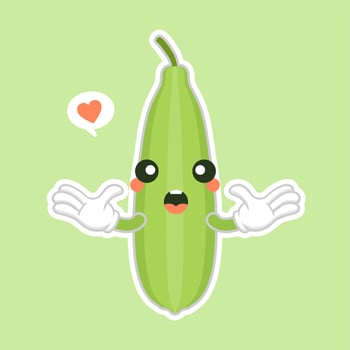 Cute and kawaii Luffa cartoon character. Loofah Luffa acutangula, or sponge gourd, vegan plant. Hand drawn botanical vector illustration. Loffa vegetarian plant. Vegetable vector illustration