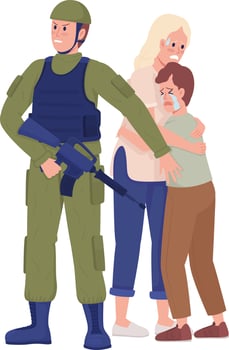 Soldier protects family semi flat color vector characters