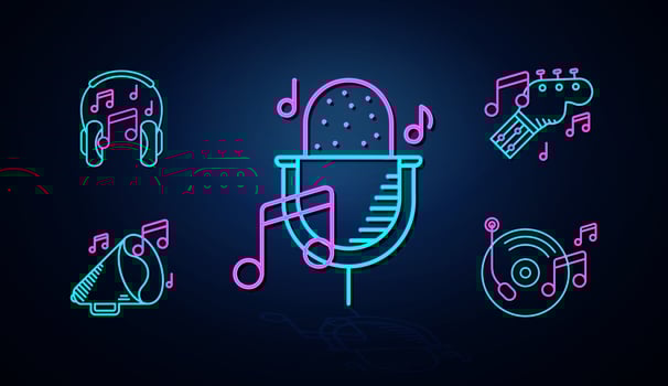 Icons such as neon colored microphone, piano, guitar and musical note appear clear. Neon line icon. Entertainment and karaoke music icon set. neon icon set. vector