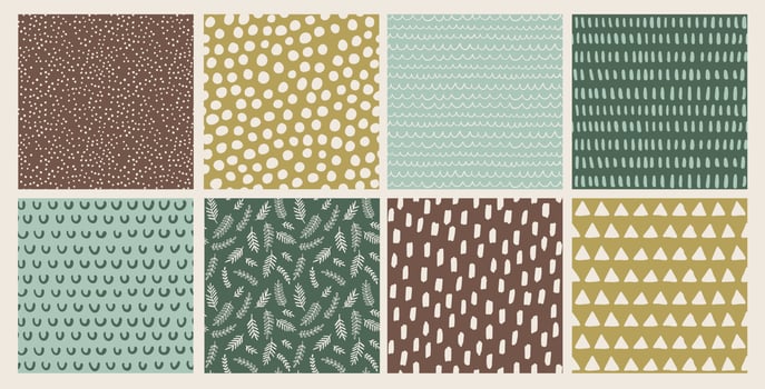 Set of hand drawn vector abstract doodle patterns winter, earthy tones. Seamless doodle backgrounds with  dots, branches, brush strokes, triangles.