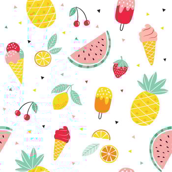 Summer fruit and ice cream pattern. Cute vector seamless background with pineapple, watermelon, lemon, orange, strawberry, ice cream cone, popsicle.