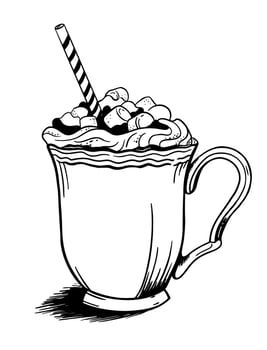 Coffee with marshmallows hand-drawn in the style of doodle Good for printing. Vector illustration isolated on a white background