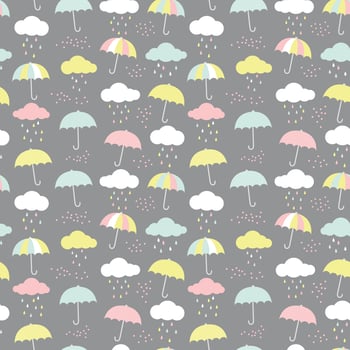 Vector pattern with umbrellas, clouds and raindrops. Colorful seamless background for kids.