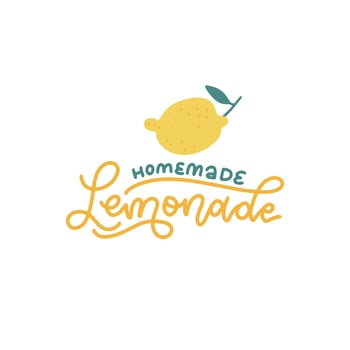 Lemonade lettering sign with lemon label. Trendy linear calligraphy of words Homemade lemonade. Fresh, cold, , sweet lemon fresh drink logo. Vector illustration of tag, bange, sticker