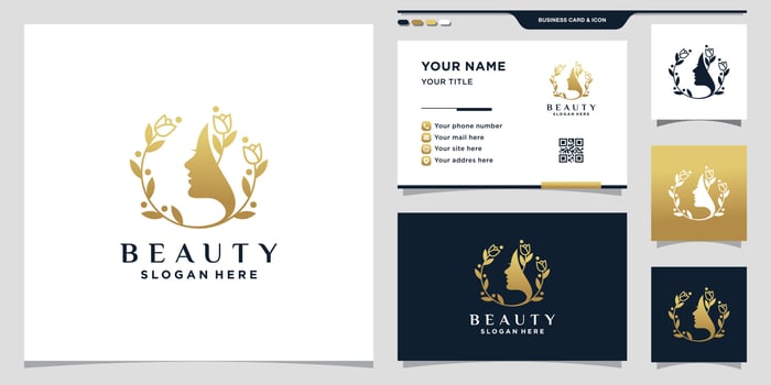Creative beauty woman face logo with flower rose line and golden gradient style color. icon logo and business card design Premium Vector