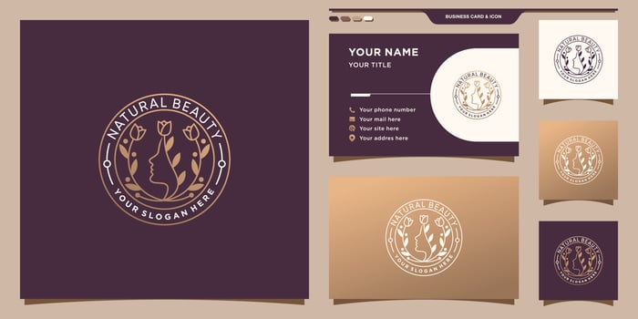 Simple and elegant natural beauty woman face logo with rose flower in linear style and business card Premium Vector