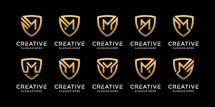 Set bundle monogram shield logo design initial letter m with linear style Premium Vector