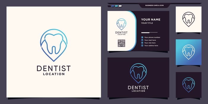Creative dentist location logo with pin point line art style and business card design Premium Vector
