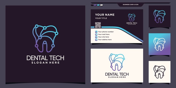 Dental logo design technology with unique line art style and business card design Premium Vector