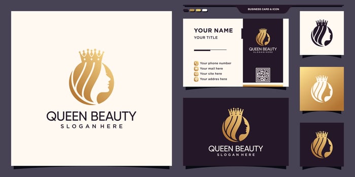 Queen beauty woman face logo with creative concept and business card design Premium Vector
