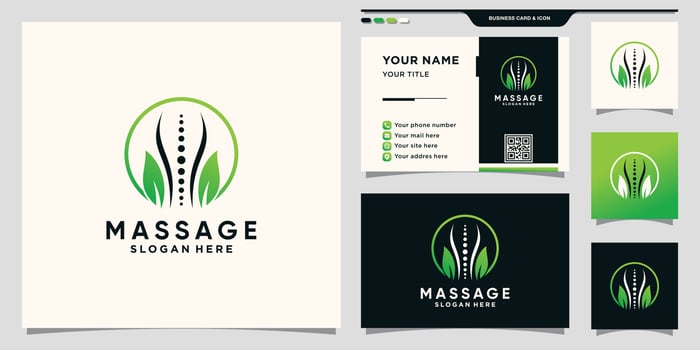 Massage therapy logo with circle line art style and business card design Premium Vector