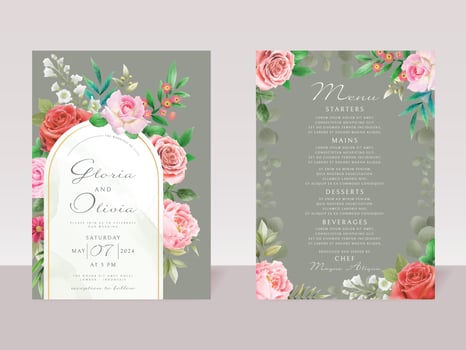 romantic red and pink flowers wedding invitations card template vector
