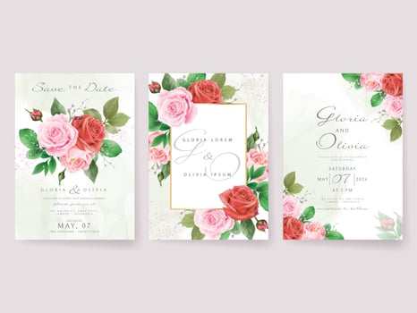 romantic red and pink flowers wedding invitations card template vector
