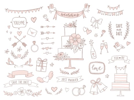 Set of wedding illustrations and icons. Hand drawn vector collection of design elements for for invitations, greeting cards, posters.