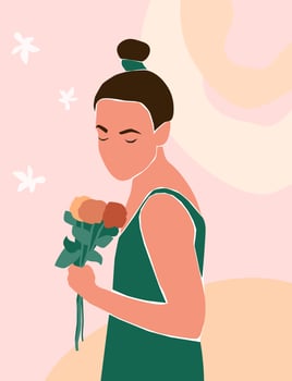 The figure of a beautiful young abstract woman with a bouquet of flowers in her hand. Vector graphics.