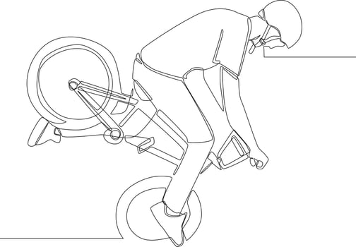 Simple continuous line drawing young bicycle rider perform freestyle trick on street. Vector illustration.