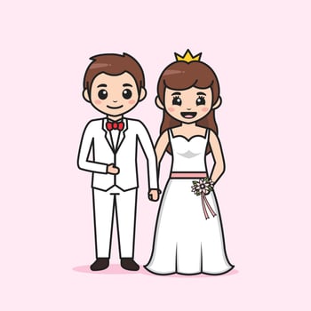 Cute bride and groom couple cartoon character vector