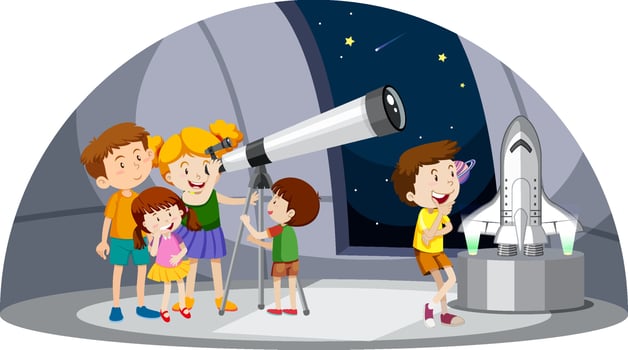 Astronomy theme with kids looking at telescope vector