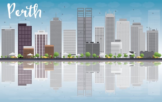 Perth skyline with grey buildings, blue sky and reflection. vector