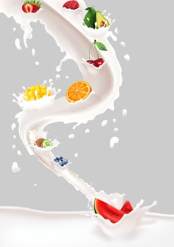 Milk splash with fruits mix on white background vector