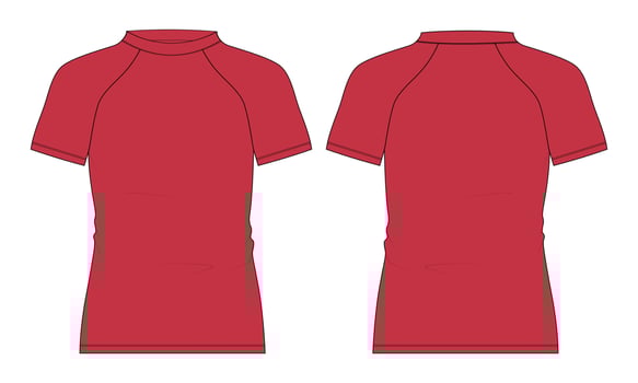 Short Sleeve raglan Slim fit T-Shirt Overall Technical flat sketch vector illustration Red Color Template front and back view.