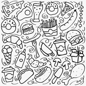 Fast food set icons, fastfood background. Doodle fast food icons. food icons on white background. hand drown vector fast food set icons