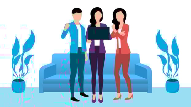 A team discussion, three people with laptop, business character vector illustration.