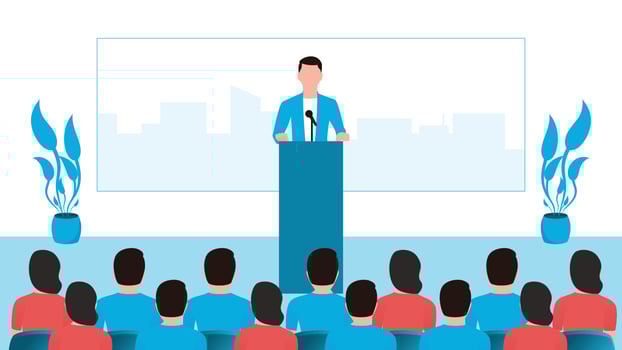 A man giving a speech to employees on a white background, business character vector illustration.