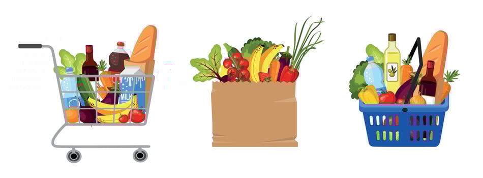 Shopping cart, food baskets. Sets for grocery shopping. vector