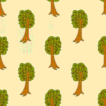 Cartoon doodle apple tree seamless pattern. Fruit background in childlike style. vector