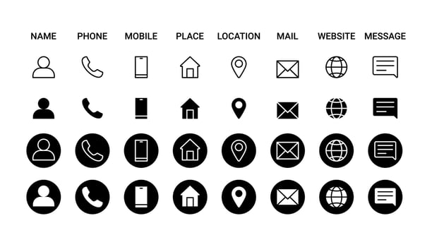 Business icon for company connection set in different style. Name, phone, mobile, place, location, mail, website and message card sign. Contact symbol design template. Vector illustration