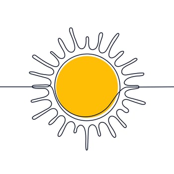 Yellow sun one black continuous line, light rays outline. One line drawing. Circle full sun and sunlight. Hot solar energy for tan. Vector art illustration