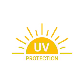 Yellow sun with inscription uv protection icon, sunblock from sunshine and solar burn. Circle full sun and sunlight. Hot solar energy for tan. Vector sign