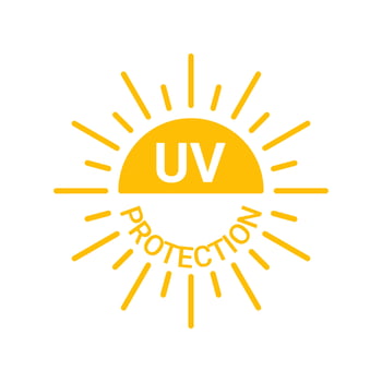 Yellow sun with inscription uv protection icon, sunblock from sunshine and solar burn. Circle full sun and sunlight. Hot solar energy for tan. Vector sign