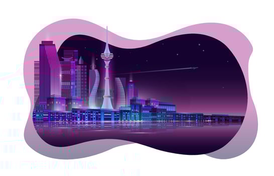 Night City Panorama with Neon Glow. Vector. vector