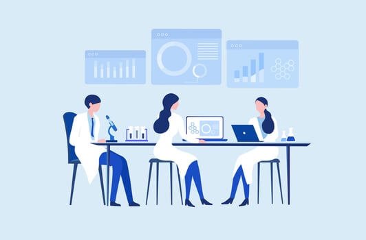 Professional scientists, doctors and chemical researchers working and analysis in laboratory experiment vector  Illustration. Medical laboratory, research experiment biology molecular concept.