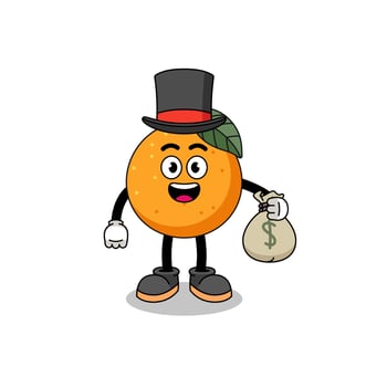 orange fruit mascot illustration rich man holding a money sack vector