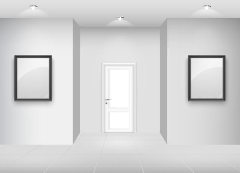 Gallery Interior with empty frame on wall and lights vector