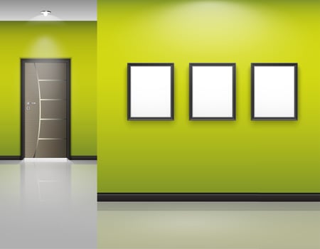 Living room interior with frames and closed door on green wall background vector