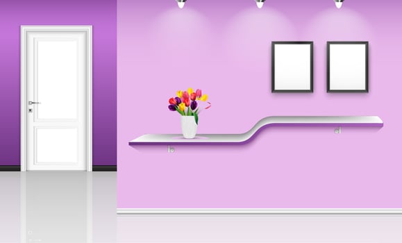 Vector illustration of Purple wall background with frames and flowers pot over shelf
