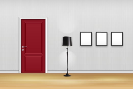 Vector illustration of Living room interior with closed door, lamp, and empty frames on the wall